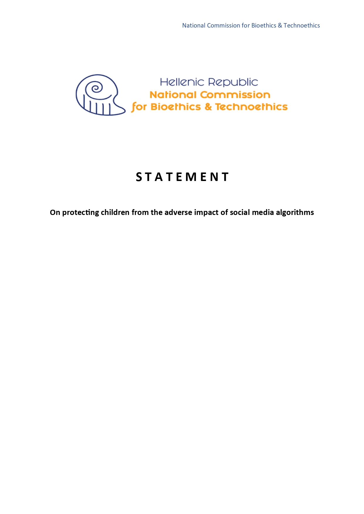 STATEMENT On protecting children from the adverse impact of social media algorithms